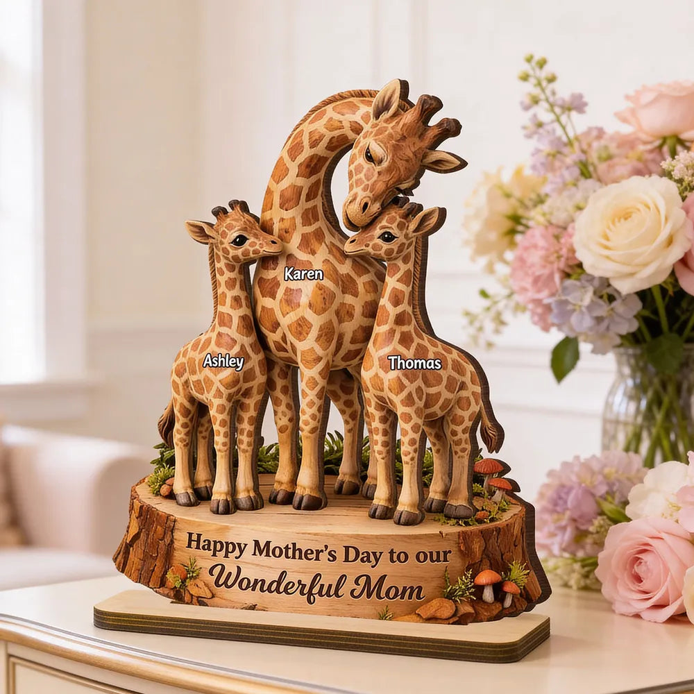 Personalized 2-Layer Wooden Plaque with Giraffe Mom and Calves, Mother's Day Keepsake, Unique Gift for Mom