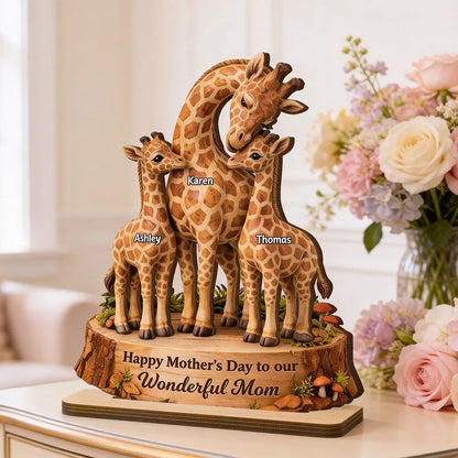 Personalized 2-Layer Wooden Plaque with Giraffe Mom and Calves, Mother's Day Keepsake, Unique Gift for Mom