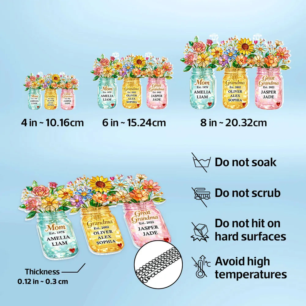 Personalized Acrylic Suncatcher Ornament for Mom Grandma Great Grandma, Colorful Mason Jar Flowers Window Decor Unique Gift