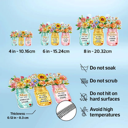Personalized Acrylic Suncatcher Ornament for Mom Grandma Great Grandma, Colorful Mason Jar Flowers Window Decor Unique Gift