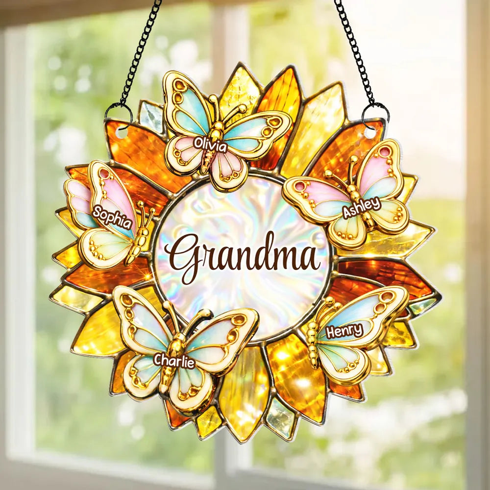 Grandma Sunflower Acrylic Suncatcher Ornament With Butterflies, A Sweet Personalized Gift That Lights Up Her Window