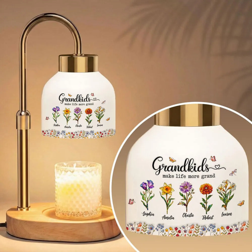 Personalized Candle Warmer Lamp with Grandkids Make Life More Grand Floral Art - Unique Mother's Day Gift for Grandma