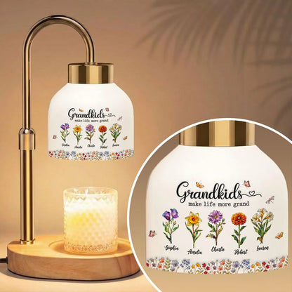 Personalized Candle Warmer Lamp with Grandkids Make Life More Grand Floral Art - Unique Mother's Day Gift for Grandma