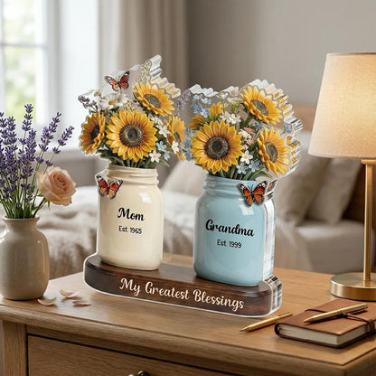 Personalized Shaped Acrylic Block Plaque with Sunflower Mason Jars, 'My Greatest Blessings' Unique Gift for Mom & Grandma