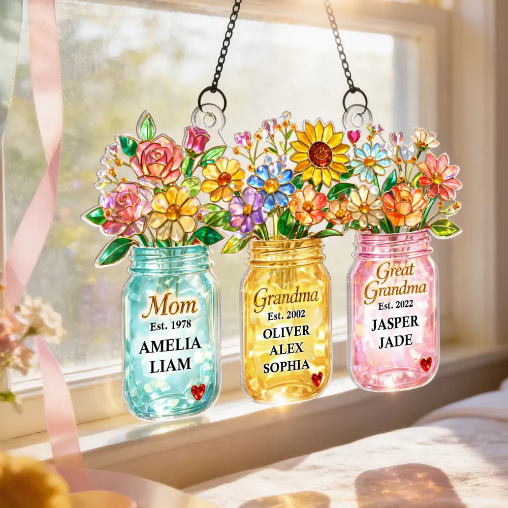 Personalized Acrylic Suncatcher Ornament for Mom Grandma Great Grandma, Colorful Mason Jar Flowers Window Decor Unique Gift