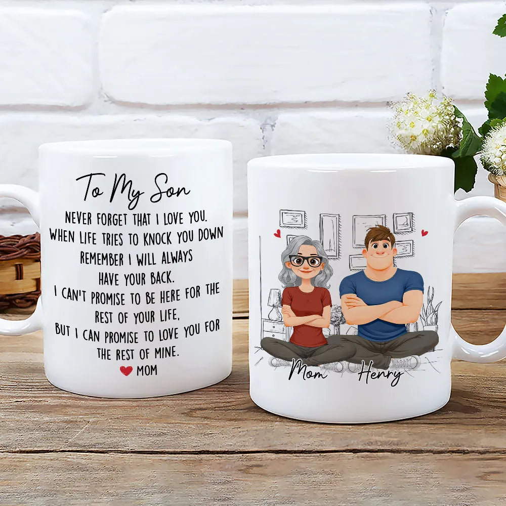 Personalized White Ceramic Mug With Mom and Son Cartoon Quote, Unique Encouraging Gift for Son From Mom