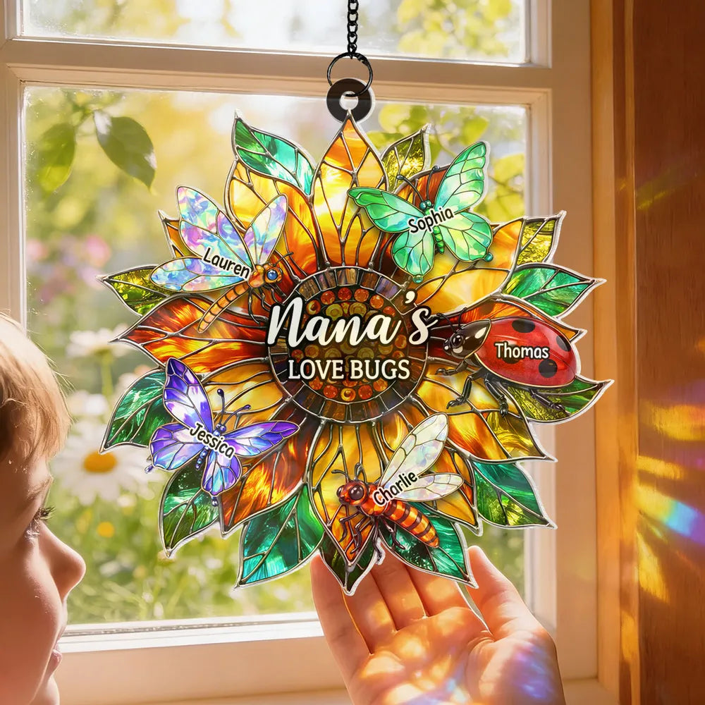 Nana's Love Bugs Acrylic Suncatcher Ornament, Personalized Sunflower Window Decor That Catches Sunlight, Thoughtful Gift