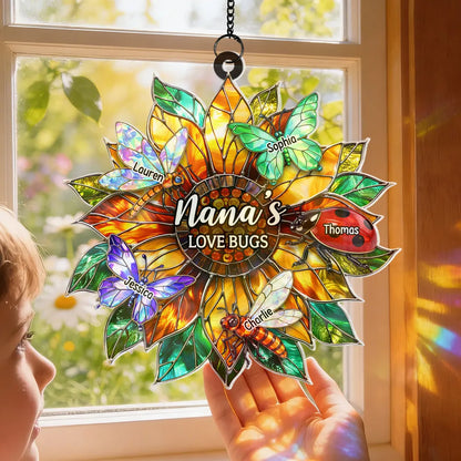 Nana's Love Bugs Acrylic Suncatcher Ornament, Personalized Sunflower Window Decor That Catches Sunlight, Thoughtful Gift