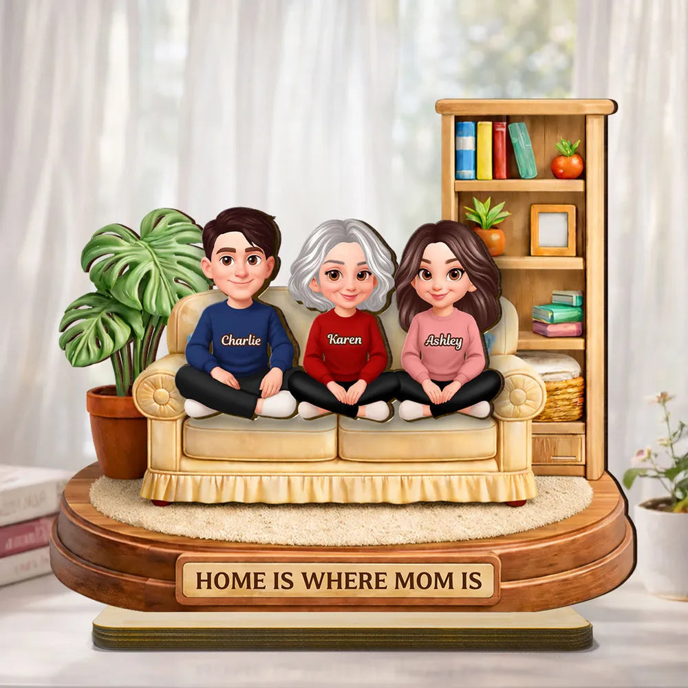 Personalized 2-Layer Wooden Plaque, Home Is Where Mom Is Couch Family Scene, Unique Gift for Mom
