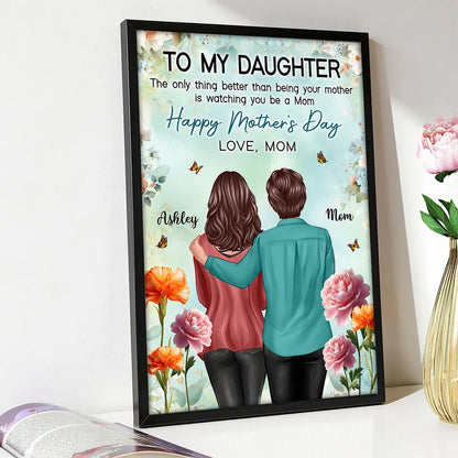 Personalized Mother's Day Poster, Mom and Daughter Hugging Back View Floral Wall Art, Unique Gift for Daughter from Mom