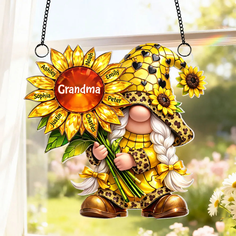 Personalized Grandma Gnome Sunflower Acrylic Suncatcher Ornament for Window Decor, Bright Sunlight Reflection, Unique Gift