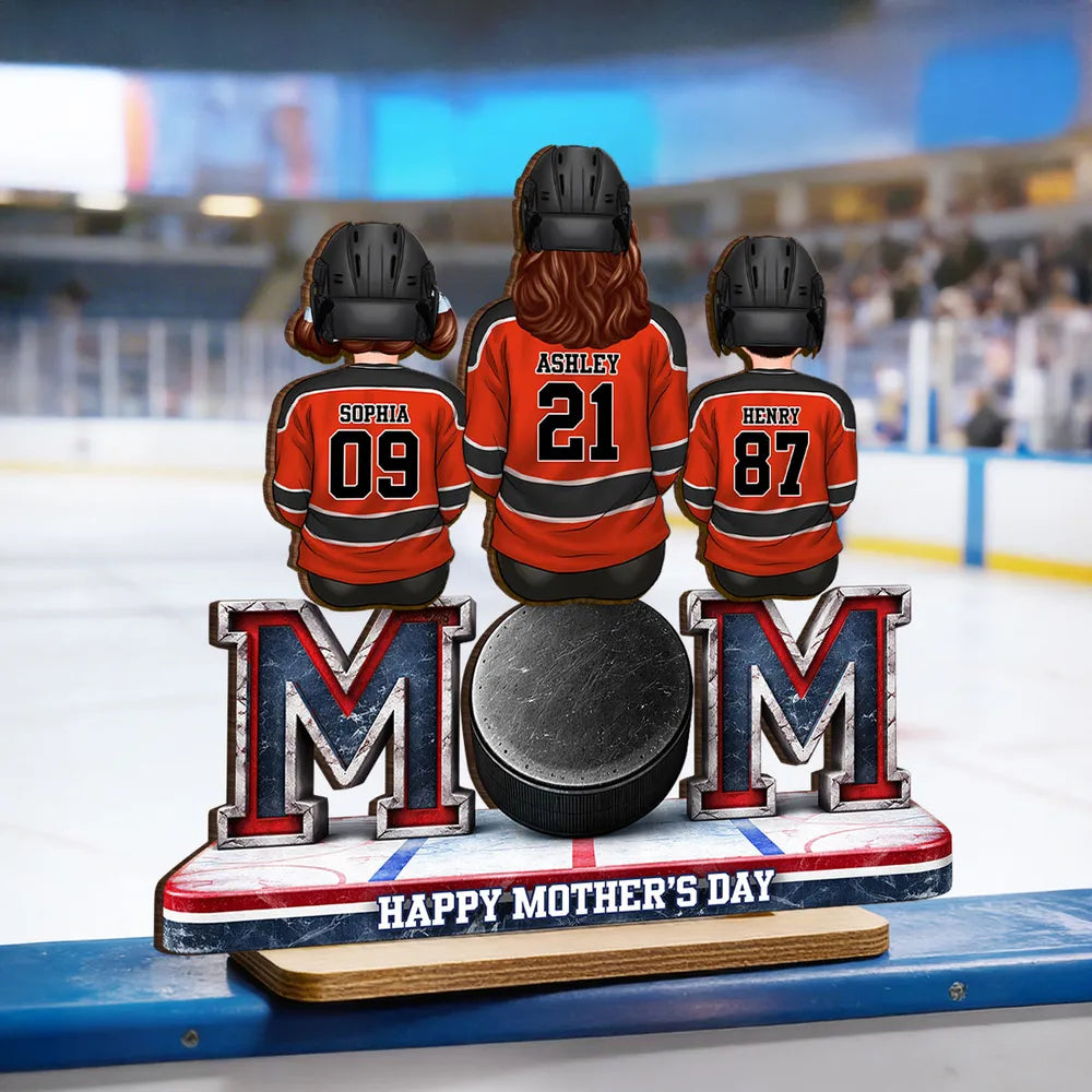 Personalized Hockey Mom 2-Layer Wooden Plaque, Back-View Mom and Kids on Rink Bench, Unique Mother's Day Gift