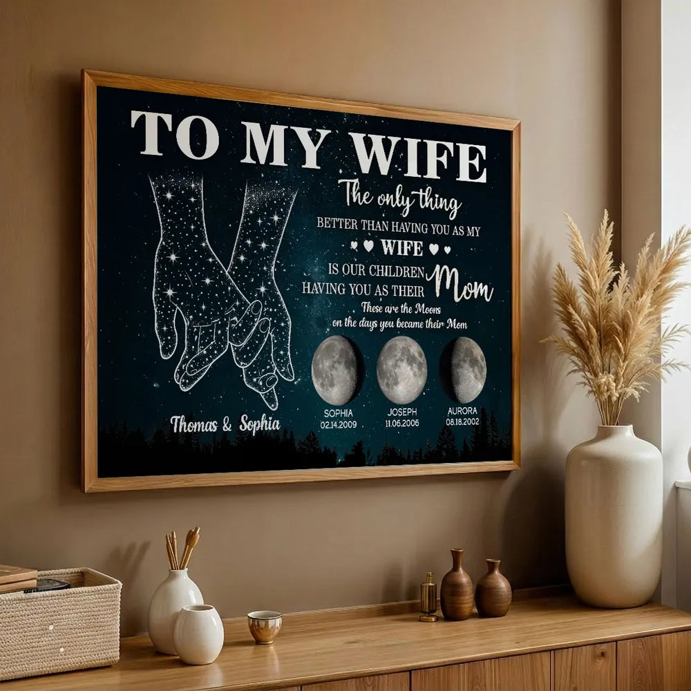 Personalized To My Wife Moon Phase Poster, Hand-Holding Starry Night Wall Art, Unique Gift for Wife and Mom