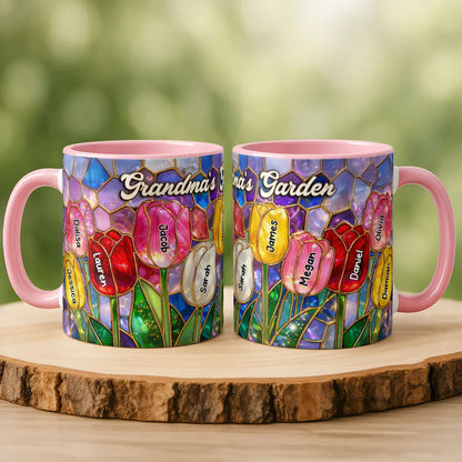 Grandma's Garden Two-Tone Mug, Personalized Tulip Bouquet Look, Sweet Daily Coffee Gift for Grandma