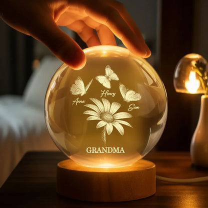 Personalized Globe Lamp with Daisy & Butterflies, Cozy Nightstand Glow, Unique Gift for Grandma