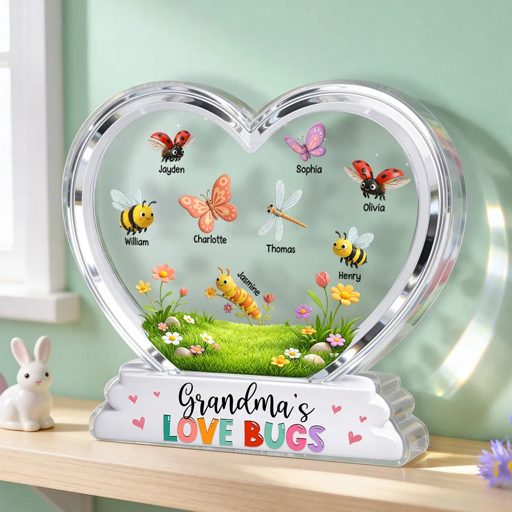 Shaped Acrylic Block Plaque Personalized Grandma's Love Bugs Heart Display, Sweet Keepsake Gift for Mom or Grandma