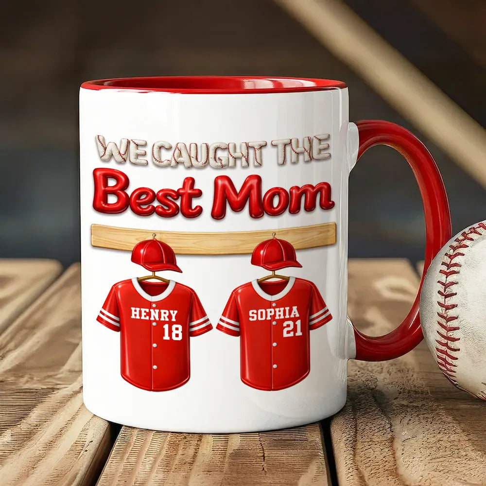 Personalized Baseball Mom Two-Tone Mug 'We Caught The Best Mom' Jersey Design - Unique Gift for Mom