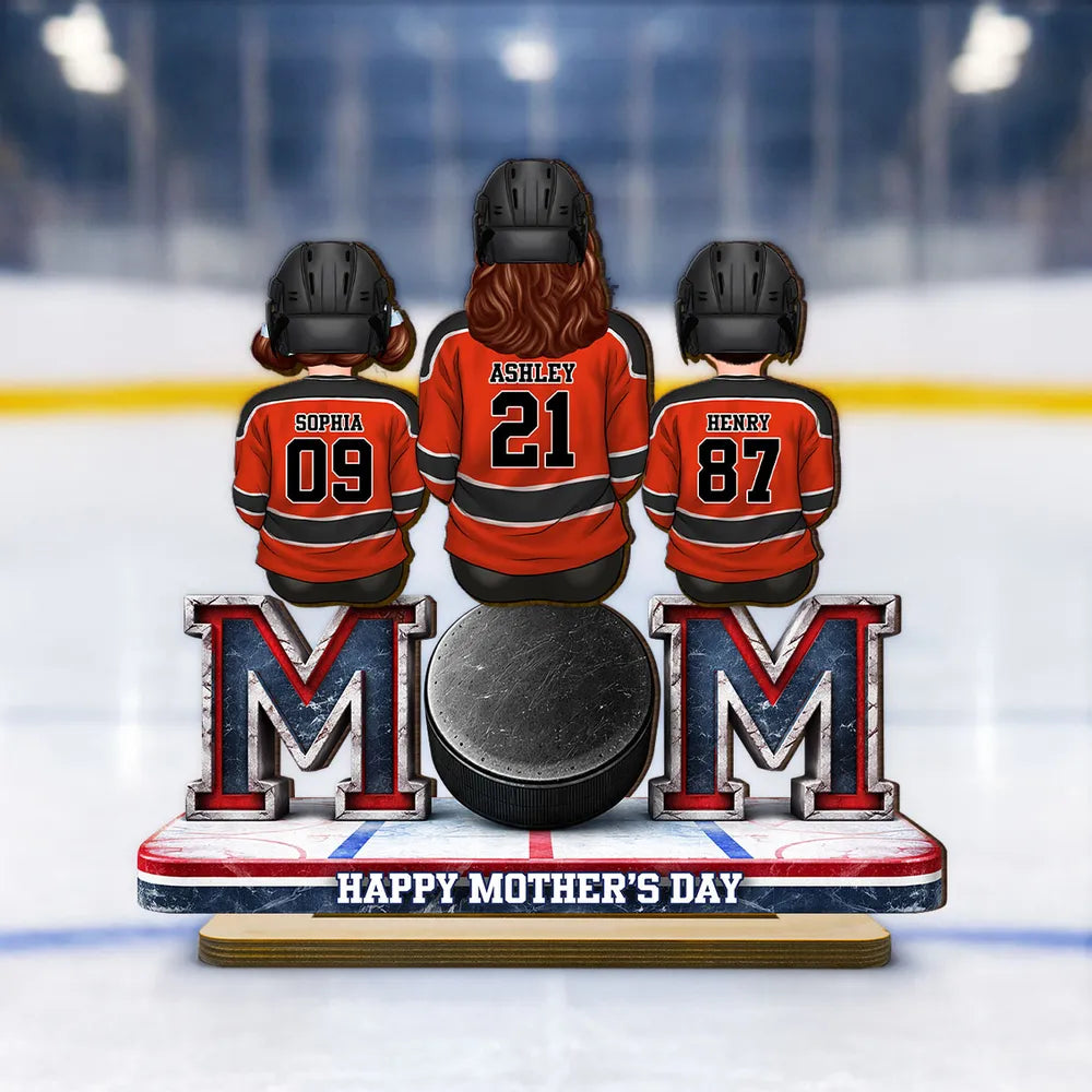 Personalized Hockey Mom 2-Layer Wooden Plaque, Back-View Mom and Kids on Rink Bench, Unique Mother's Day Gift