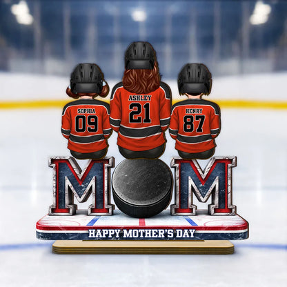 Personalized Hockey Mom 2-Layer Wooden Plaque, Back-View Mom and Kids on Rink Bench, Unique Mother's Day Gift
