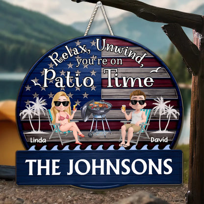 Relax & Unwind Wooden Sign, Cute Patio Grill Cartoon, Creative Gift for Family Outdoor Decor