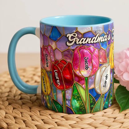Grandma's Garden Two-Tone Mug, Personalized Tulip Bouquet Look, Sweet Daily Coffee Gift for Grandma