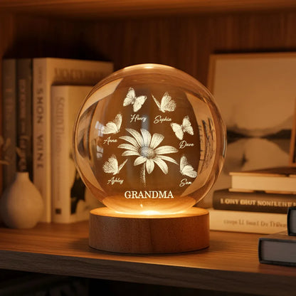 Personalized Globe Lamp with Daisy & Butterflies, Cozy Nightstand Glow, Unique Gift for Grandma
