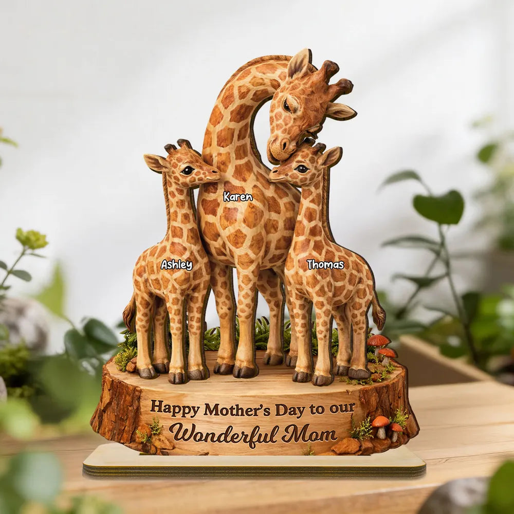 Personalized 2-Layer Wooden Plaque with Giraffe Mom and Calves, Mother's Day Keepsake, Unique Gift for Mom