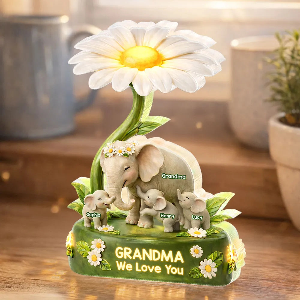 Shaped Acrylic Block Plaque for Grandma Elephant Family Under Daisy Warm Floral Decor Unique Creative Gift