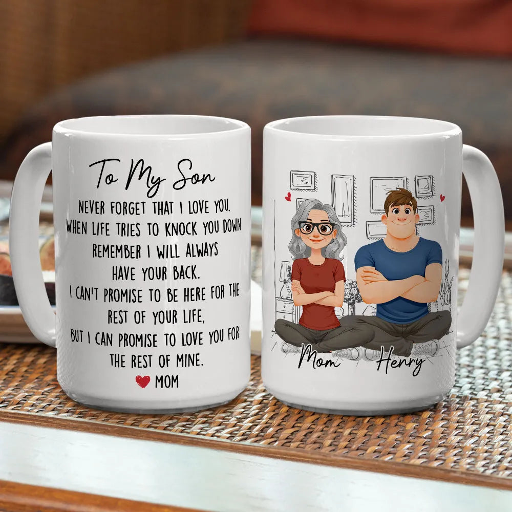 Personalized White Ceramic Mug With Mom and Son Cartoon Quote, Unique Encouraging Gift for Son From Mom
