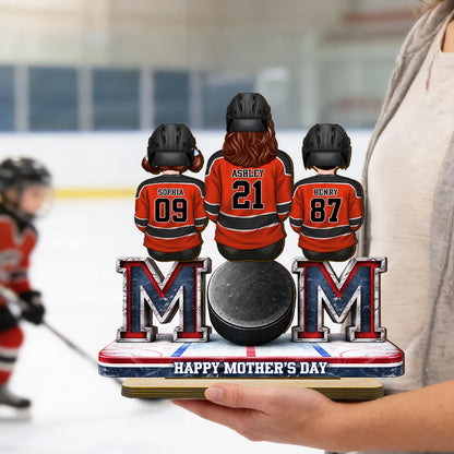 Personalized Hockey Mom 2-Layer Wooden Plaque, Back-View Mom and Kids on Rink Bench, Unique Mother's Day Gift