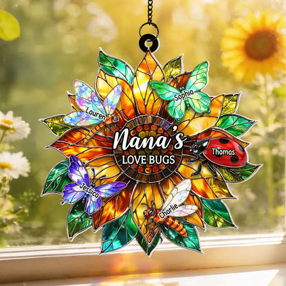 Nana's Love Bugs Acrylic Suncatcher Ornament, Personalized Sunflower Window Decor That Catches Sunlight, Thoughtful Gift