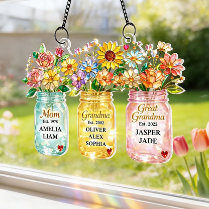 Personalized Acrylic Suncatcher Ornament for Mom Grandma Great Grandma, Colorful Mason Jar Flowers Window Decor Unique Gift