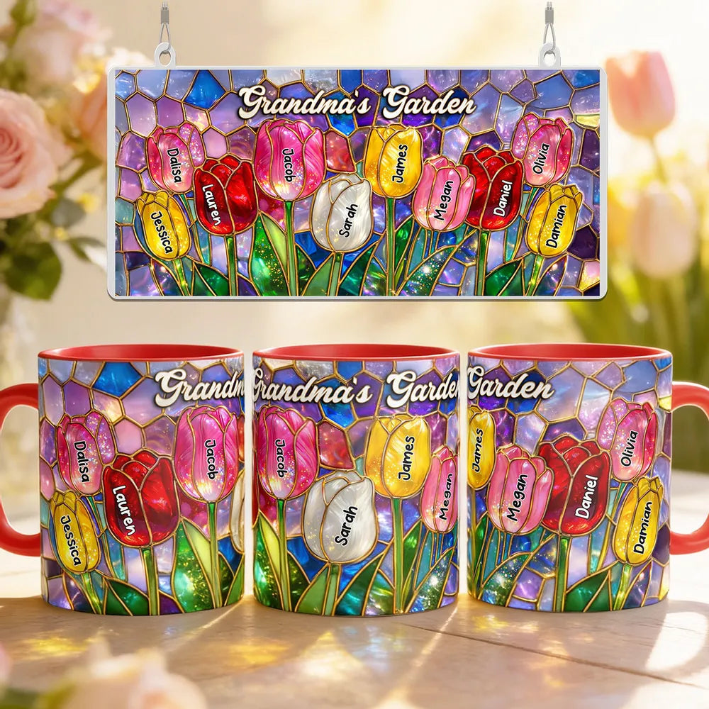 Grandma's Garden Two-Tone Mug, Personalized Tulip Bouquet Look, Sweet Daily Coffee Gift for Grandma