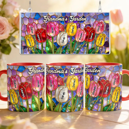 Grandma's Garden Two-Tone Mug, Personalized Tulip Bouquet Look, Sweet Daily Coffee Gift for Grandma