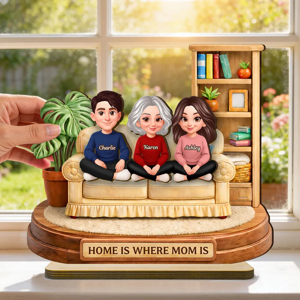 Personalized 2-Layer Wooden Plaque, Home Is Where Mom Is Couch Family Scene, Unique Gift for Mom