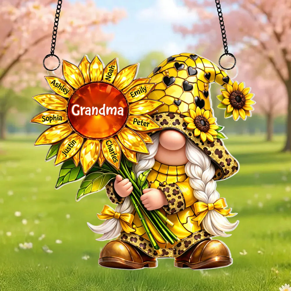 Personalized Grandma Gnome Sunflower Acrylic Suncatcher Ornament for Window Decor, Bright Sunlight Reflection, Unique Gift