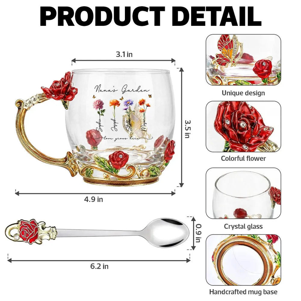 Personalized Enamel Flower Tea Cup, Nana's Garden Floral Gift for Grandma, A Unique Tea Time Keepsake