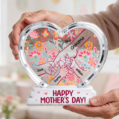 Personalized Shaped Acrylic Block Plaque with Kids Holding Hands, Floral Boho Heart Decor, Unique Mother's Day Gift for Mom