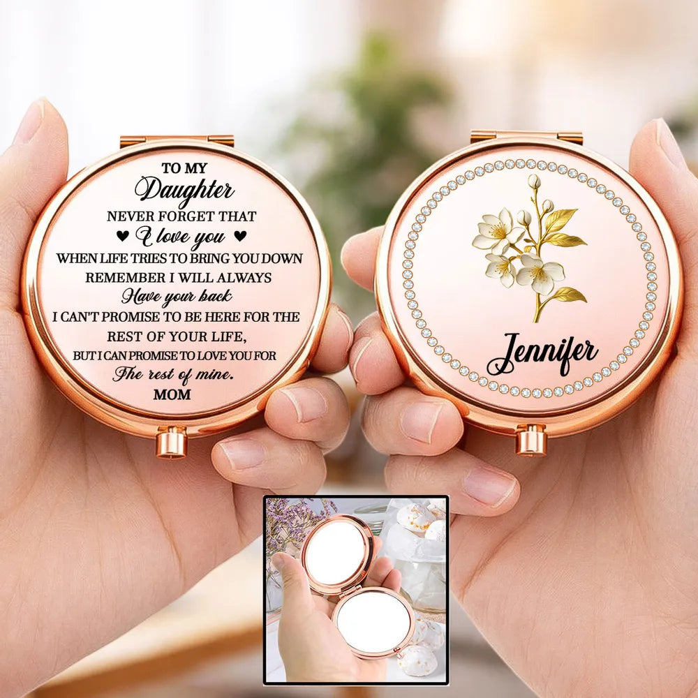 Personalized Metal Compact Mirror for Daughter, Rose Gold Floral Design, Unique Gift from Mom