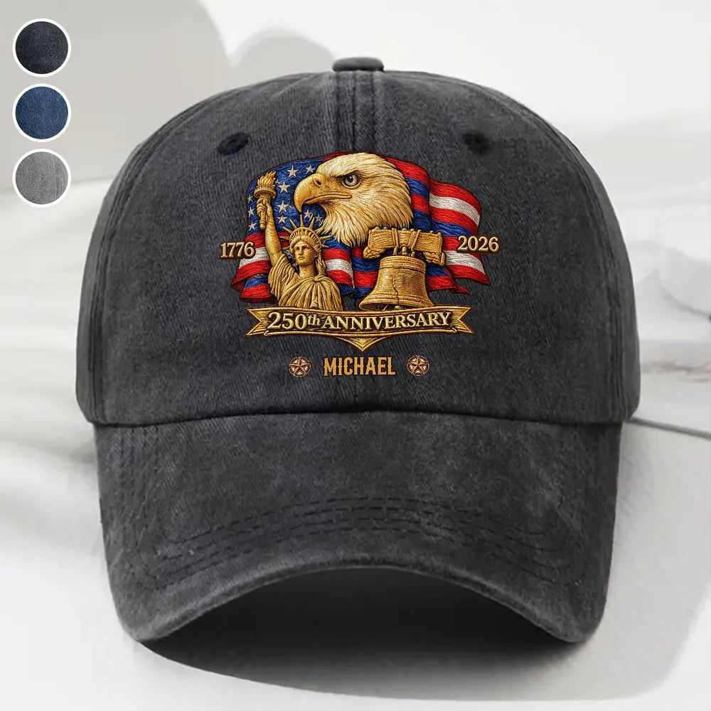 Personalized Washed Denim Baseball Cap with Patriotic Eagle Flag 250th Anniversary Design - Unique Gift for History Lovers