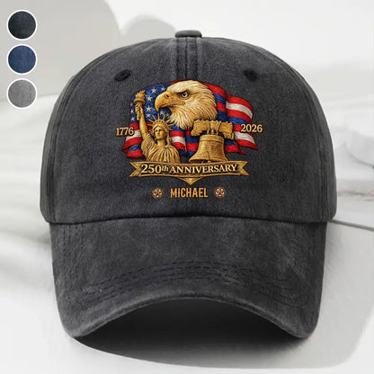 Personalized Washed Denim Baseball Cap with Patriotic Eagle Flag 250th Anniversary Design - Unique Gift for History Lovers