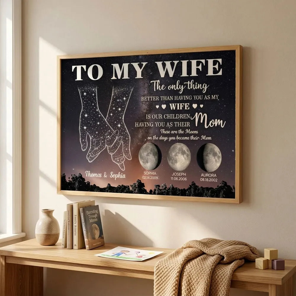 Personalized To My Wife Moon Phase Poster, Hand-Holding Starry Night Wall Art, Unique Gift for Wife and Mom