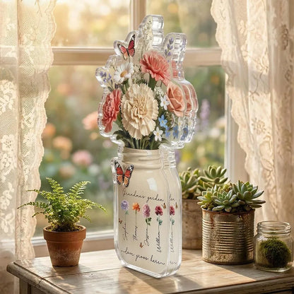 Personalized Shaped Acrylic Block Plaque Grandma's Garden Flower Jar for Shelf Decor, Unique Mother's Day Gift for Grandma