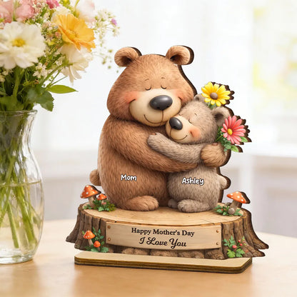 Personalized 2-Layer Wooden Plaque with Hugging Bear Mom and Child, Mother's Day Living Room Display, Unique Gift for Mom