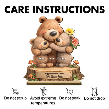 Personalized 2-Layer Wooden Plaque with Hugging Bear Mom and Child, Mother's Day Living Room Display, Unique Gift for Mom