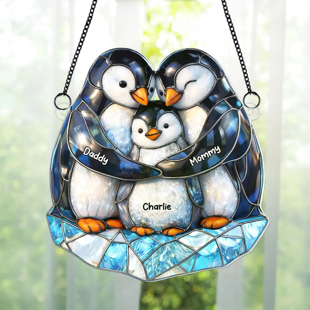 Personalized Penguin Family Acrylic Suncatcher Ornament for Window Decor, Cute Sunlight Reflection, Unique Gift for Mom