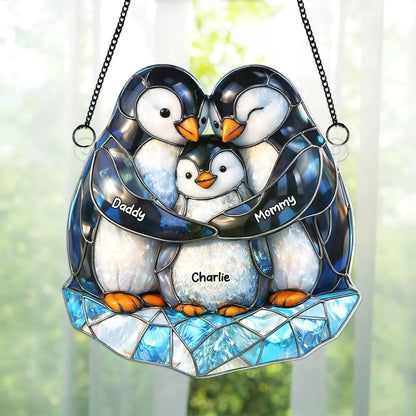 Personalized Penguin Family Acrylic Suncatcher Ornament for Window Decor, Cute Sunlight Reflection, Unique Gift for Mom