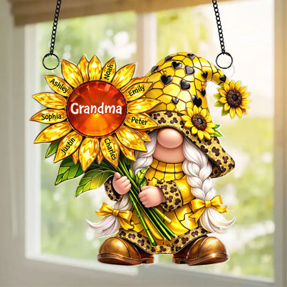 Personalized Grandma Gnome Sunflower Acrylic Suncatcher Ornament for Window Decor, Bright Sunlight Reflection, Unique Gift