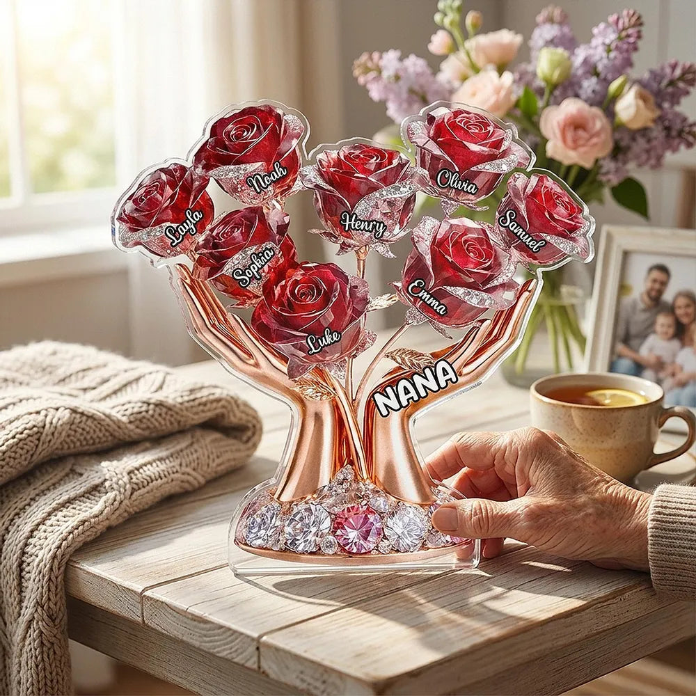 Personalized Shaped Acrylic Block Plaque with Grandma Hands Rose Bouquet - Unique Mother's Day Gift for Grandma