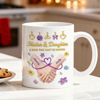 Personalized Mother & Daughter Ceramic Mug with Handholding Art, A Bond That Can't Be Broken, Unique Gift for Mom